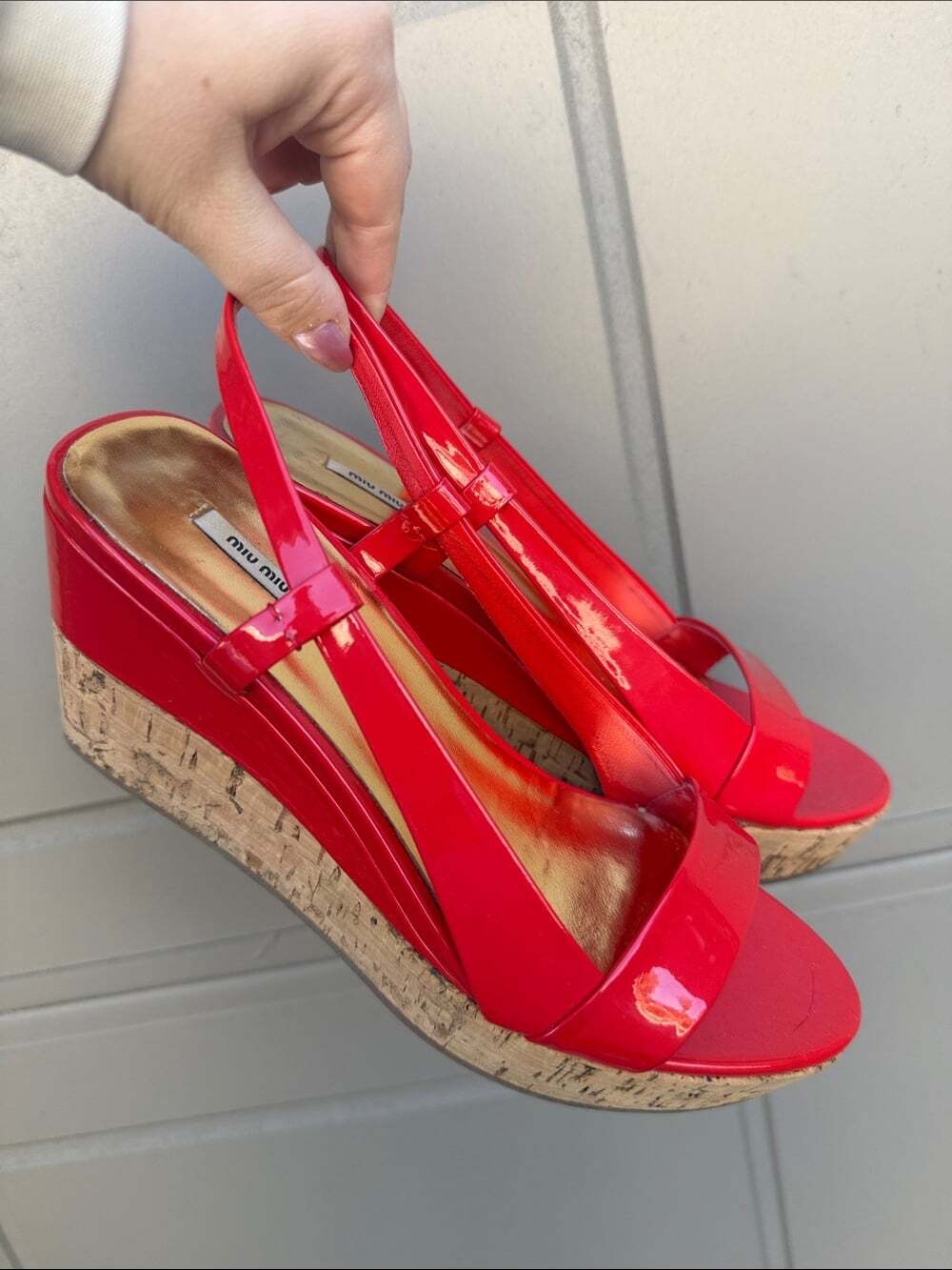 Miu Miu Bright Red Patent Cork Wedge Sandals